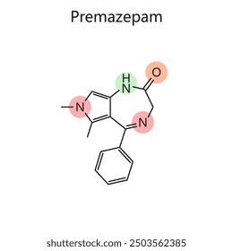 Chemical organic formula of Premazepam diagram hand drawn schematic vector illustration. Medical science educational illustration