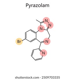 Fórmula orgânica química do diagrama Pyrazolam desenhado à mão ilustração vetorial esquemática. Ilustração educacional de ciências médicas