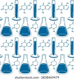Chemical pattern illustration featuring laboratory glassware including flasks and test tubes, alongside molecular structures in blue on a white background