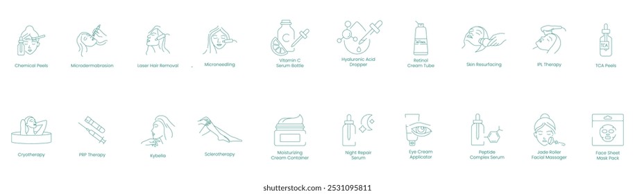 Chemical Peels, Microdermabrasion, Laser Hair Removal, Microneedling, Vitamin C, Hyaluronic Acid, Retinol Treatment, Skin Resurfacing, Spa Treatment, IPL Treatment, TCA Peels, Cryotherapy, PRP icons