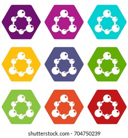 Chemical and physical atoms molecules icon set many color hexahedron isolated on white vector illustration