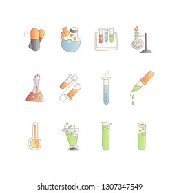 Chemical and physical test tubes, set of icons in cartoon style. Test tubes for experiments of scientists, science test tube icon collection