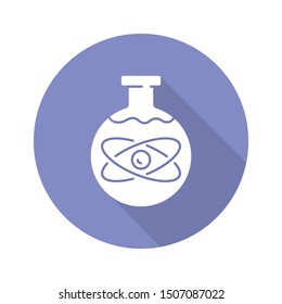 Chemical physics blue violet flat design long shadow glyph icon. Subdiscipline of chemistry and physics. Laboratory scientific research. Chemical substance in flask. Vector silhouette illustration