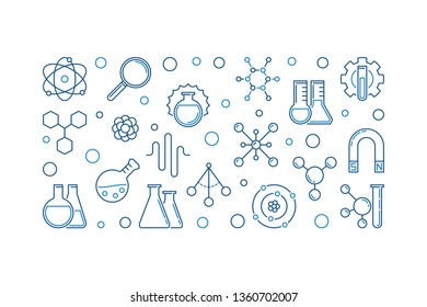 Chemical Physics vector concept blue horizontal illustration in outline style on white background