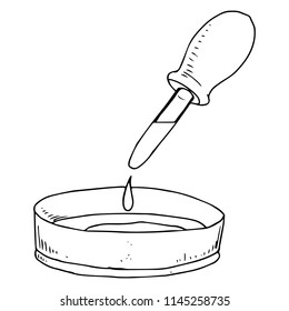 Chemical pipette with a flask for testing. Vector illustration of a pipette with a glass bulb for chemical experiments. Hand drawn petri dish with a pipette for experiments in chemistry.