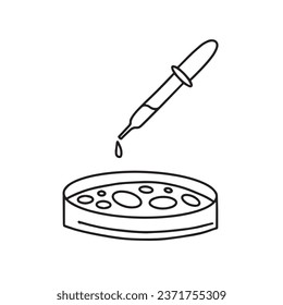 Chemical pipette with a flask for testing. Vector illustration of a pipette with a glass bulb for chemical experiments. Hand drawn petri dish with a pipette for experiments in chemistry.