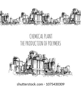 Chemical plant, the production of polymers, hand-drawn sketch vector seamless border