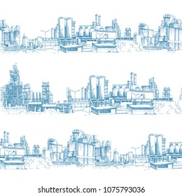 Chemical plant, the production of polymers, hand-drawn sketch vector seamless border