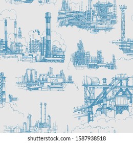 Chemical plant, the production of polymers, hand-drawn Vector seamless pattern.