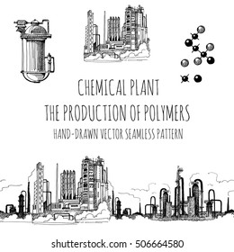 Chemiewerk, Herstellung von Polymeren, handgezeichneter Vektorgrafik 