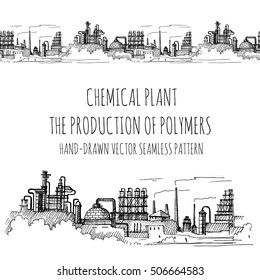 Chemical plant, the production of polymers, hand-drawn sketch vector 