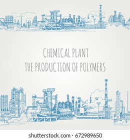 Chemical plant, the production of polymers, hand-drawn sketch vector seamless border