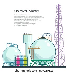 Chemical Plant And Text , Refinery Processing Of Natural Resources Isolated On White Background, Industrial Pipes ,Poster Brochure Flyer Design, Vector Illustration 