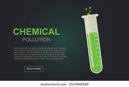 Conceito de poluição química com líquido verde no tubo de ensaio sobre fundo escuro. Ilustração de vetor de banner de substâncias perigosas