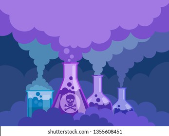 Chemical pollution concept. Poisoned smoke coming out from the flasks and test tubes to atmosphere. Vector illustration, flat style. Horizontal view.