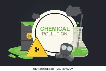 Chemical pollution concept. A warning sign, barrel, flask, gas mask, and smoke clouds representing chemical pollution