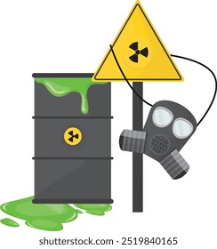 Chemical pollution icon isolated on white background. Leaking radioactive waste barrel with a hazard sign and gas mask, symbolizing toxic danger and environmental contamination