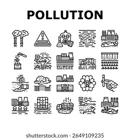 toxinas de poluição química ícones definir vetor. contaminação, produtos químicos, emissões, resíduos, perigosos, pesticidas, toxinas de poluição química industrial toxinas contorno preto ilustrações