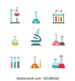 Chemical Processing Equipment - Beaker, Burner, Test Tubes, Microscope, Retort. Set Of Vector Elements Isolated On White. Flat Design. Could Be Used As Illustration Of Chemistry, Medicine, Science Etc