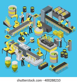 Taller de transporte de producción química. Icono de la maquinaria de la industria robótica pesada isométrica 3d, concepto de infografía web de ilustración vectorial. Robot manipulador. Colección de personas creativas