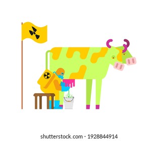 Chemical protection milking Radioactive cow. Radiation and environmental pollution illustration