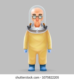 Chemical protection overalls bald scientist avatar realistic helmet glass 3d design vector illustration