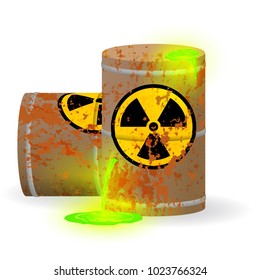 Chemical radioactive waste in a rusty barrel. Toxic green fluorescent liquid in a keg. Environmental pollution danger of ecological disaster. Vector illustration.