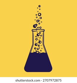 Las burbujas de reacción química dentro de un frasco de laboratorio contra un fondo amarillo representan la experimentación y el descubrimiento de la investigación científica en campos como la química, la biología y la medicina para la educación