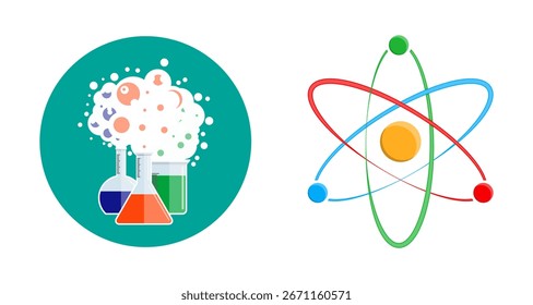 Chemical reaction in flask and beaker with atom symbol. Education and science concept. Flat design for web icon.