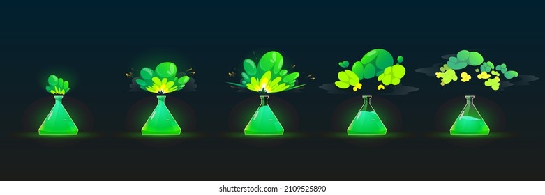 Chemical reaction in flask with explosion and smoke clouds. Vector cartoon set of stages of chemistry experiment with green liquid reagent in beaker isolated on black background