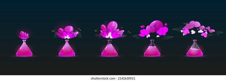 Chemical reaction in flask with explosion and smoke clouds animation sprite. Stages of chemistry laboratory experiment with pink liquid reagent in beaker, isolated tubes with steam, Cartoon vector set