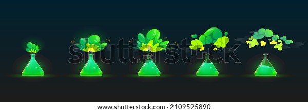 Chemical reaction in\
flask with explosion and smoke clouds. Vector cartoon set of stages\
of chemistry experiment with green liquid reagent in beaker\
isolated on black\
background