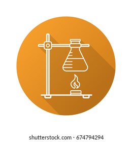 Chemical reaction flat linear long shadow icon. Ring stand with flask over fire. Vector outline symbol