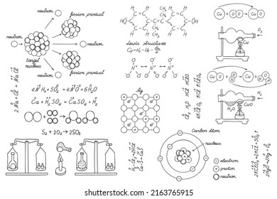 Chemical reaction in the form of symbols, formulae. Reactant entities, product entities, coefficients, Ionic equations, calculations, diagram, laboratory equipment, plots, scientific research.