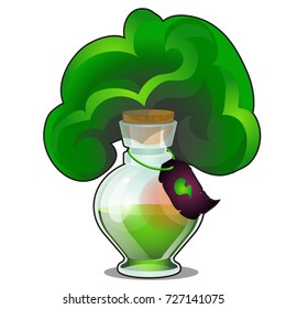 Chemical reaction in glass flask with tag isolated on white background. Laboratory experiment with release of green gas. Evaporation of magic elixir or potion. Vector cartoon close-up illustration.