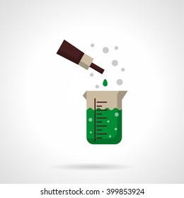 Chemical reaction of green solution in measuring flask and pipette with reactant portion. Laboratory experiments. Flat color style vector icon
