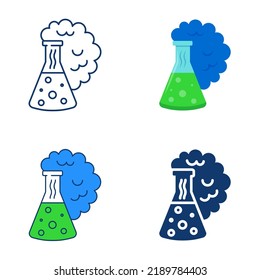 Chemical reaction icon set in flat and line style. Laboratory beaker glass with boiling substance and gas cloud. Vector illustration.