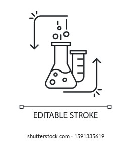 Chemical reaction in lab flask linear icon. Organic chemistry. Conducting experiment. Laboratory work. Thin line illustration. Contour symbol. Vector isolated outline drawing. Editable stroke