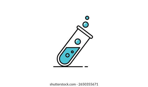 Reação química num tubo de ensaio de laboratório com bolhas a passar através de um líquido azul