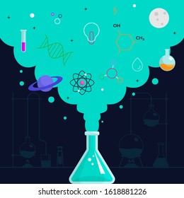 Chemical reaction smoke out form beaker glass with science knowledge stuff icon vector illustration