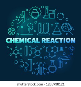 Chemical Reaction vector blue round outline illustration. Chemistry concept background on dark background