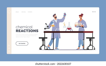 Chemical Reactions Landing Page Template. Chemists Invent Medicine or Vaccine. Scientists Conducting Research or Experiment in Scientific Laboratory, Chemistry Science. Cartoon Vector Illustration