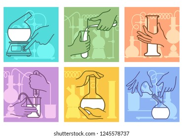 Chemical research combination. Science lab experiment chemicals mixing, liquids chemical reaction laboratory equipment with hands, vector illustration
