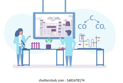 Chemical Research In Ecology Of Polluted City With Scientists People And Chemical Formula Of Air Polution Flat Vector Illustration. Carbon Dioxide Emissions Polutes Air Research Concept.