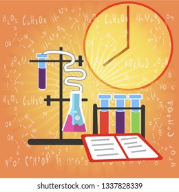 Chemical Research Equipment Illustration on Formulas Background. Multicolored Liquids in Glasswares, Medical Discover in Notation. Use Time for Chemical Research Benefit Mankind.