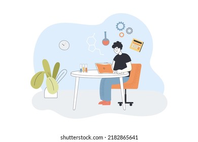 Chemical research and formula analysis by scientist at laptop. Scientific study of male researcher flat vector illustration. Science, laboratory concept for banner, website design or landing web page