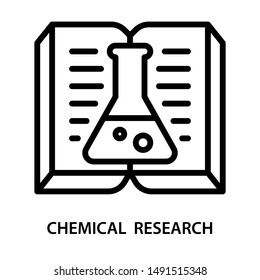 Chemical research icon. Laboratory flasks placed on book. Stroke outline style. Vector. Isolate on white background.