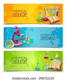 Chemical research laboratory equipment for scientific experiment 3 flat abstract horizontal banners set vector isolated illustration