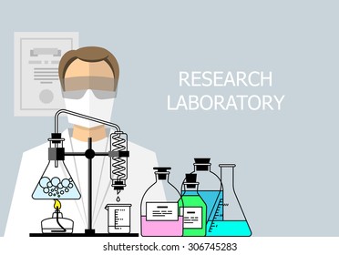 Chemical Research Laboratory. Flat design. The test tube, beaker, flask