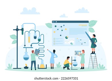 Chemical research in laboratory and technology for science development vector illustration. Cartoon tiny people work with test tubes and flasks on chemistry experiment, study of scientists team